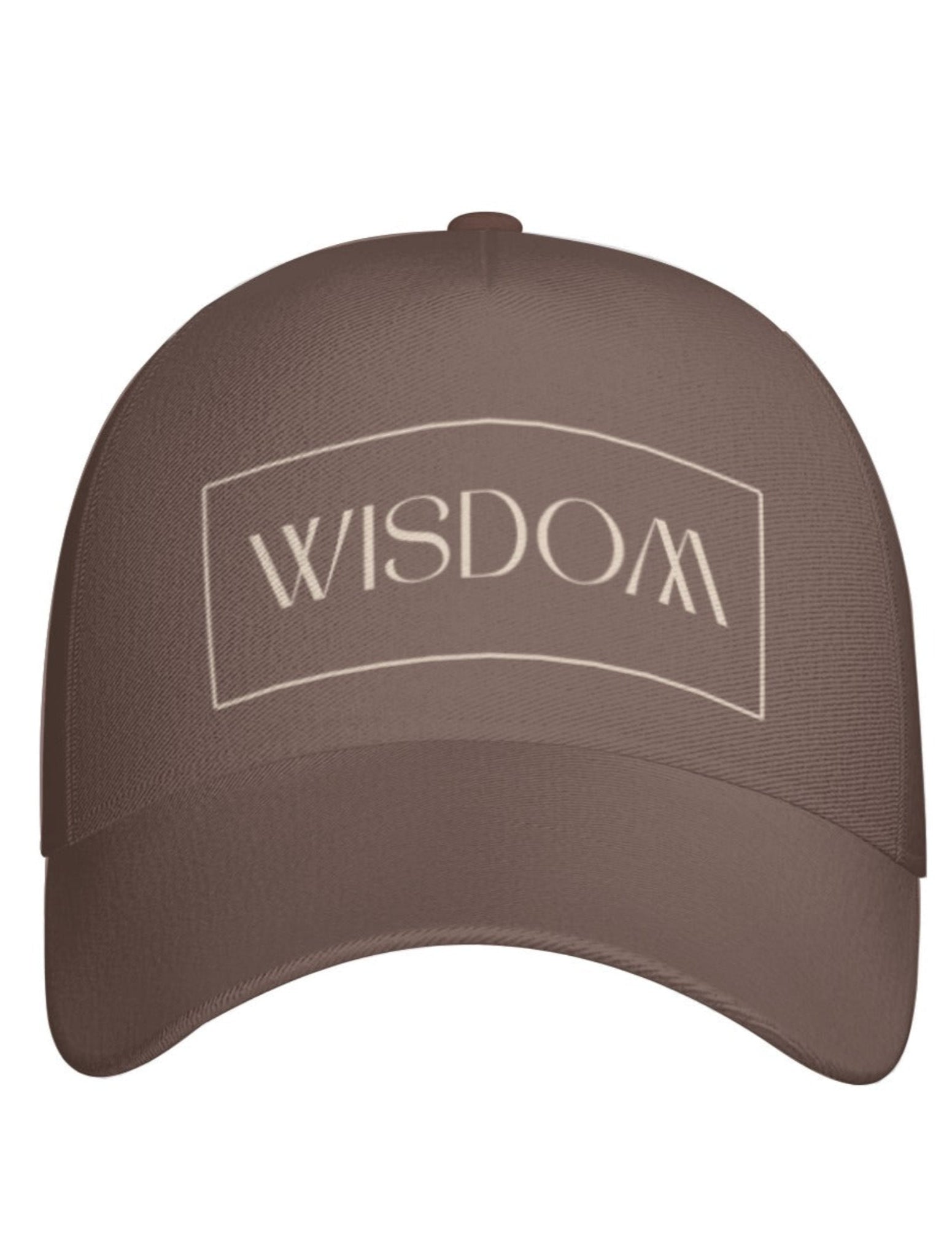 Brown cap with 'WISDOM' text on a white background