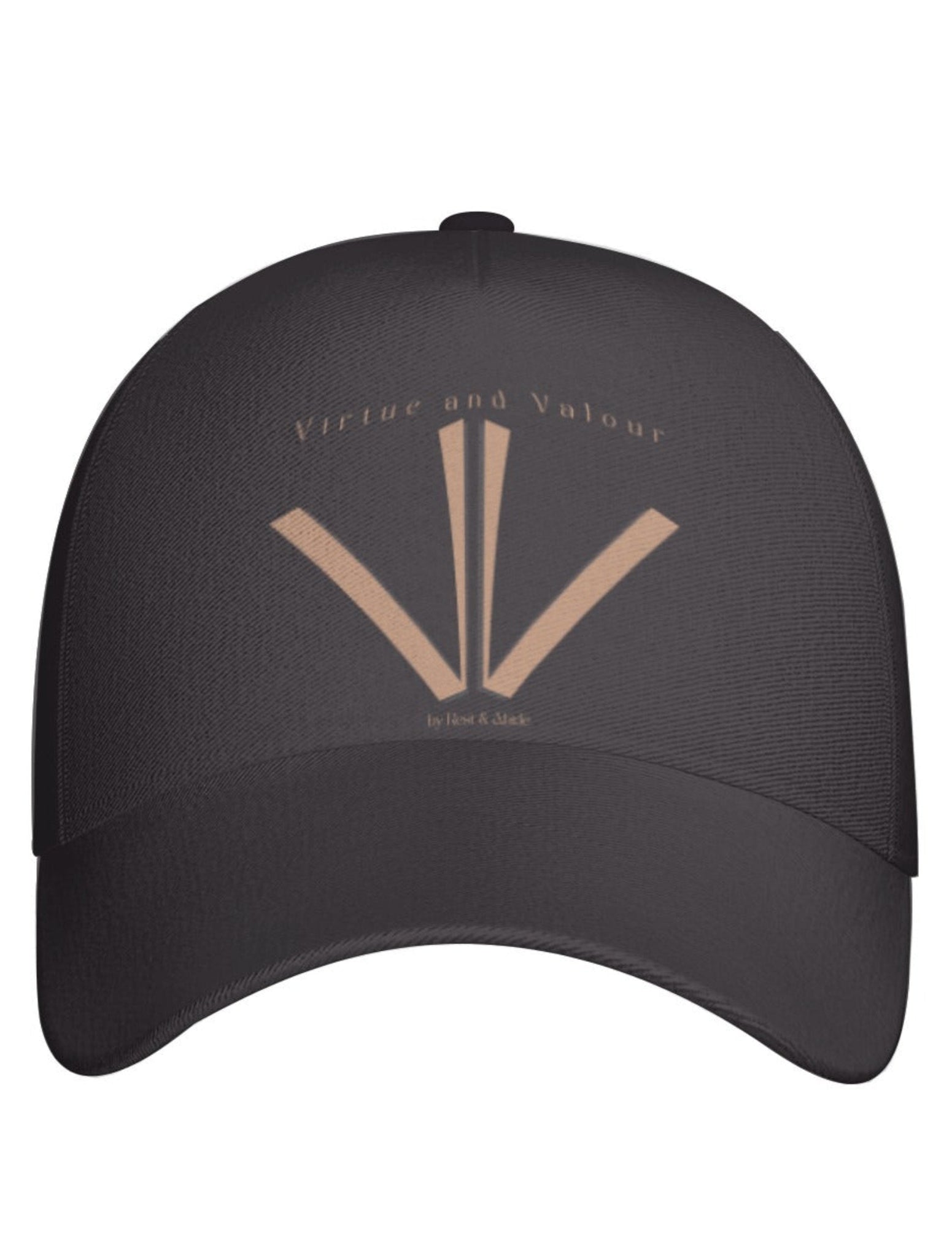 Black cap with gold logo and text on a white background