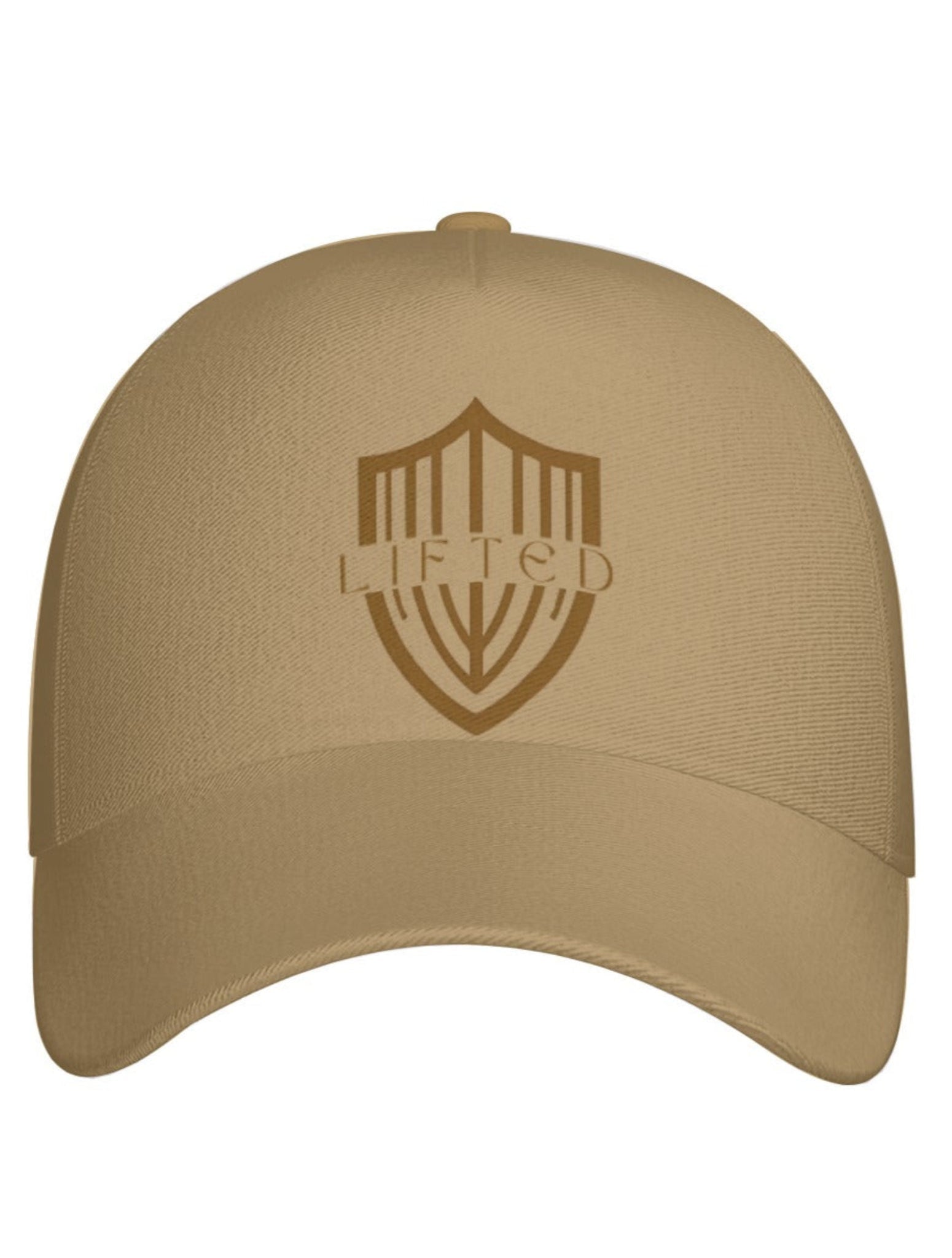 Beige cap with a logo and text on a white background