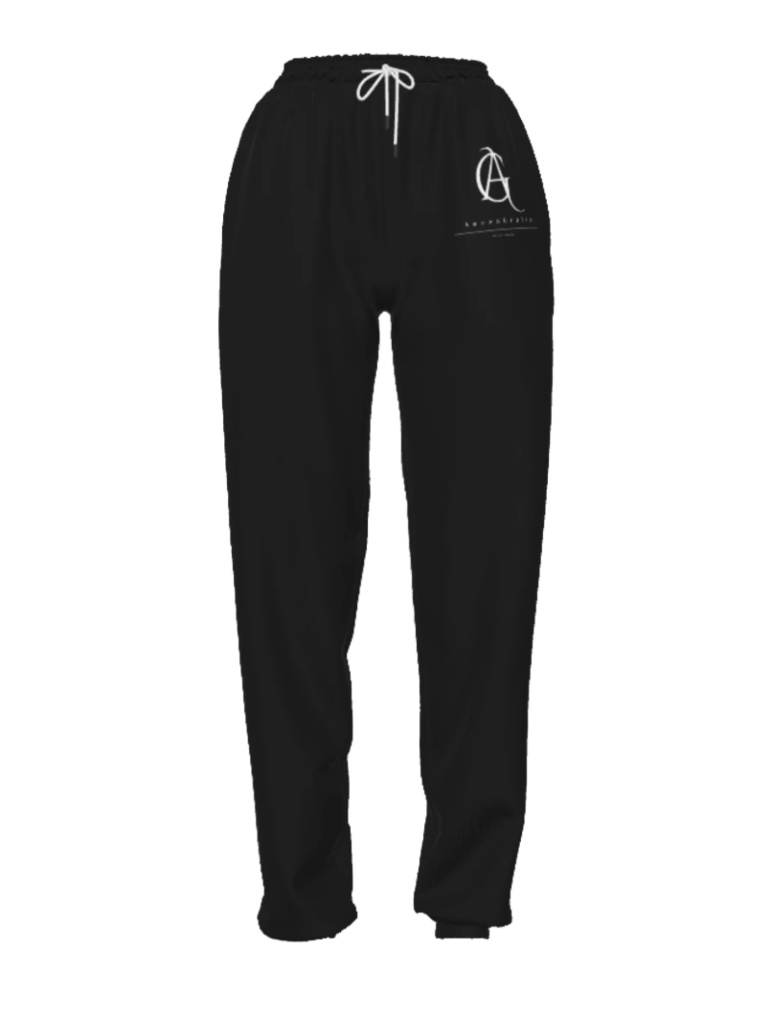 Black sweatpants with a logo on the left leg against a white background