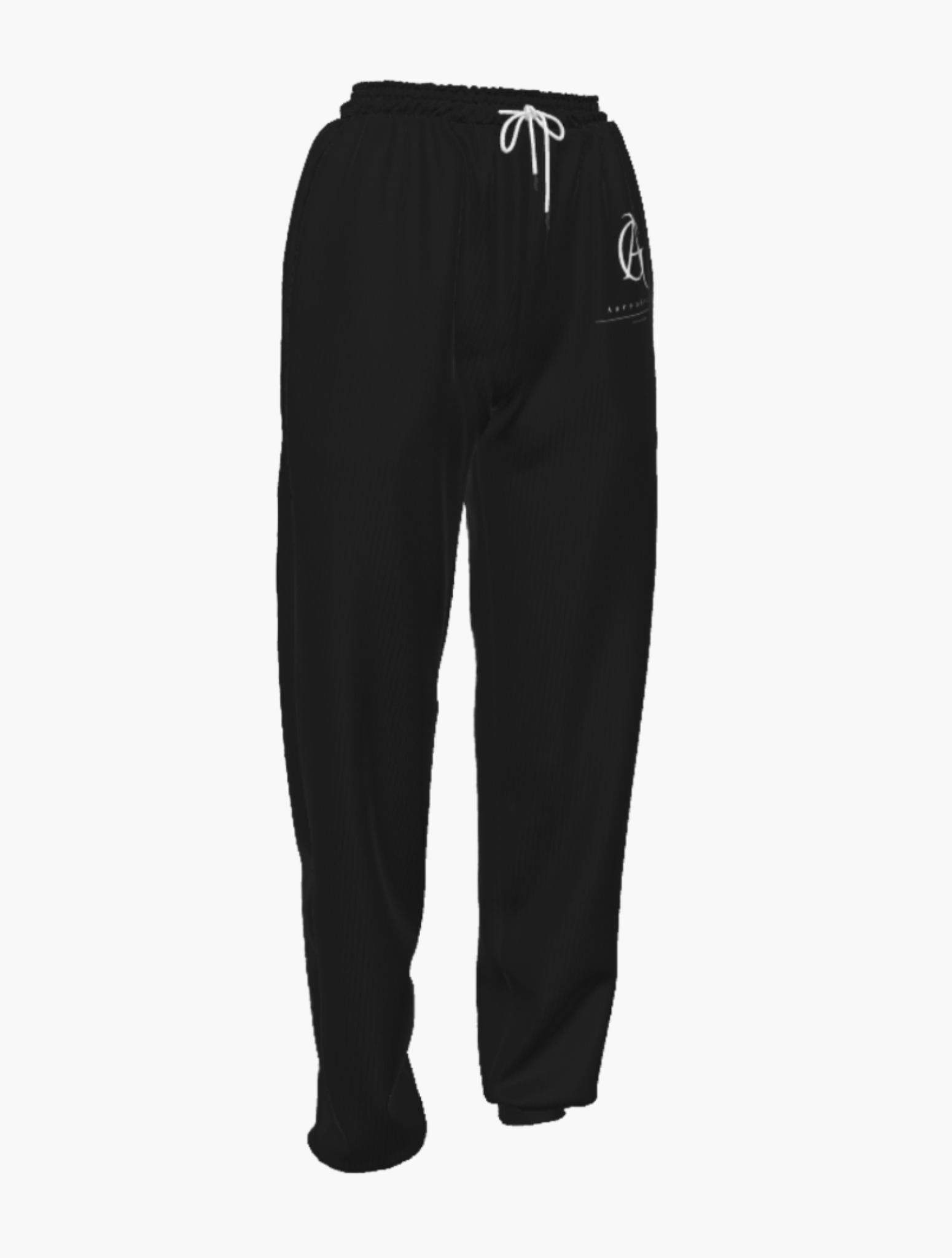 Black sweatpants with a logo on a white background