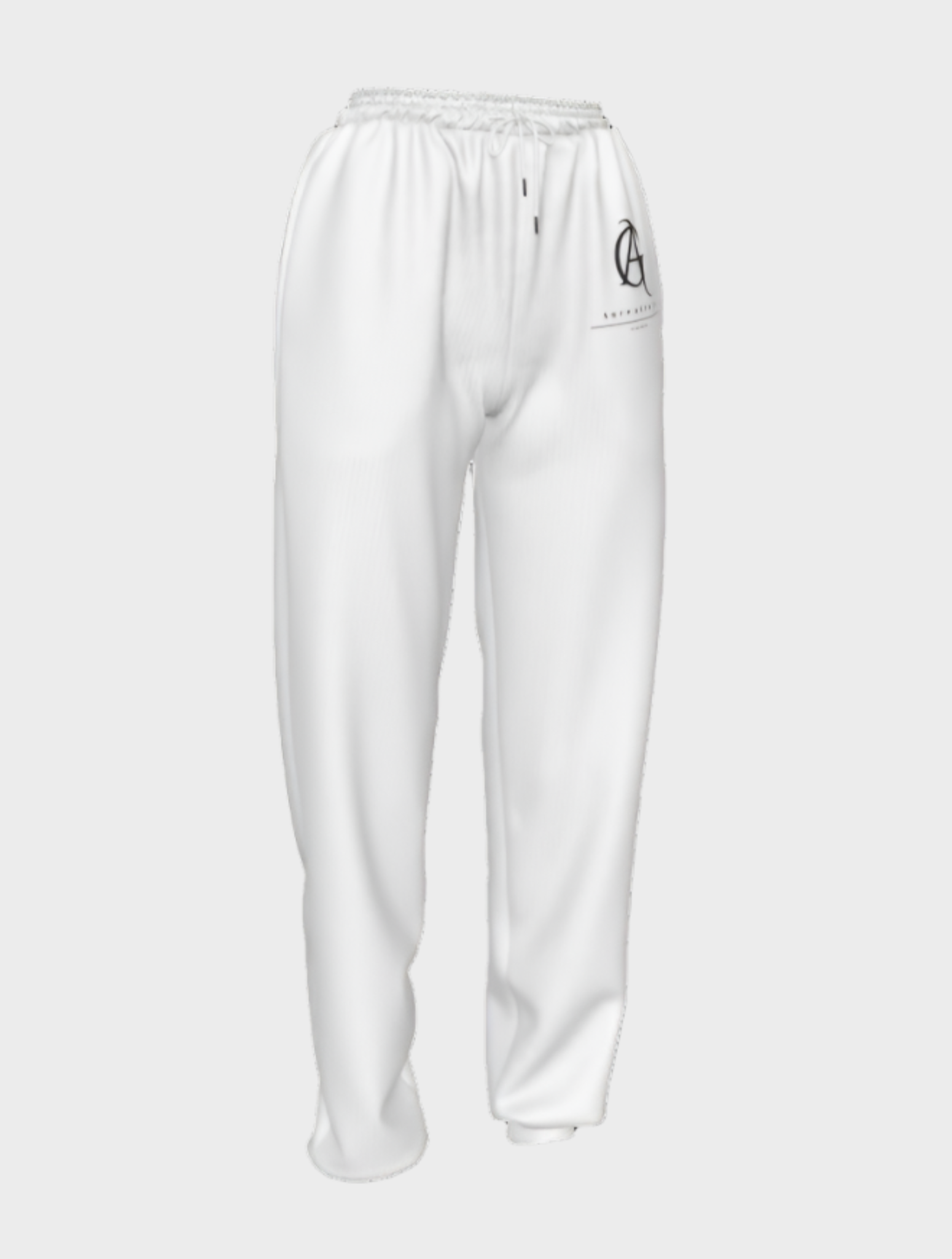 White sweatpants with a logo on a white background