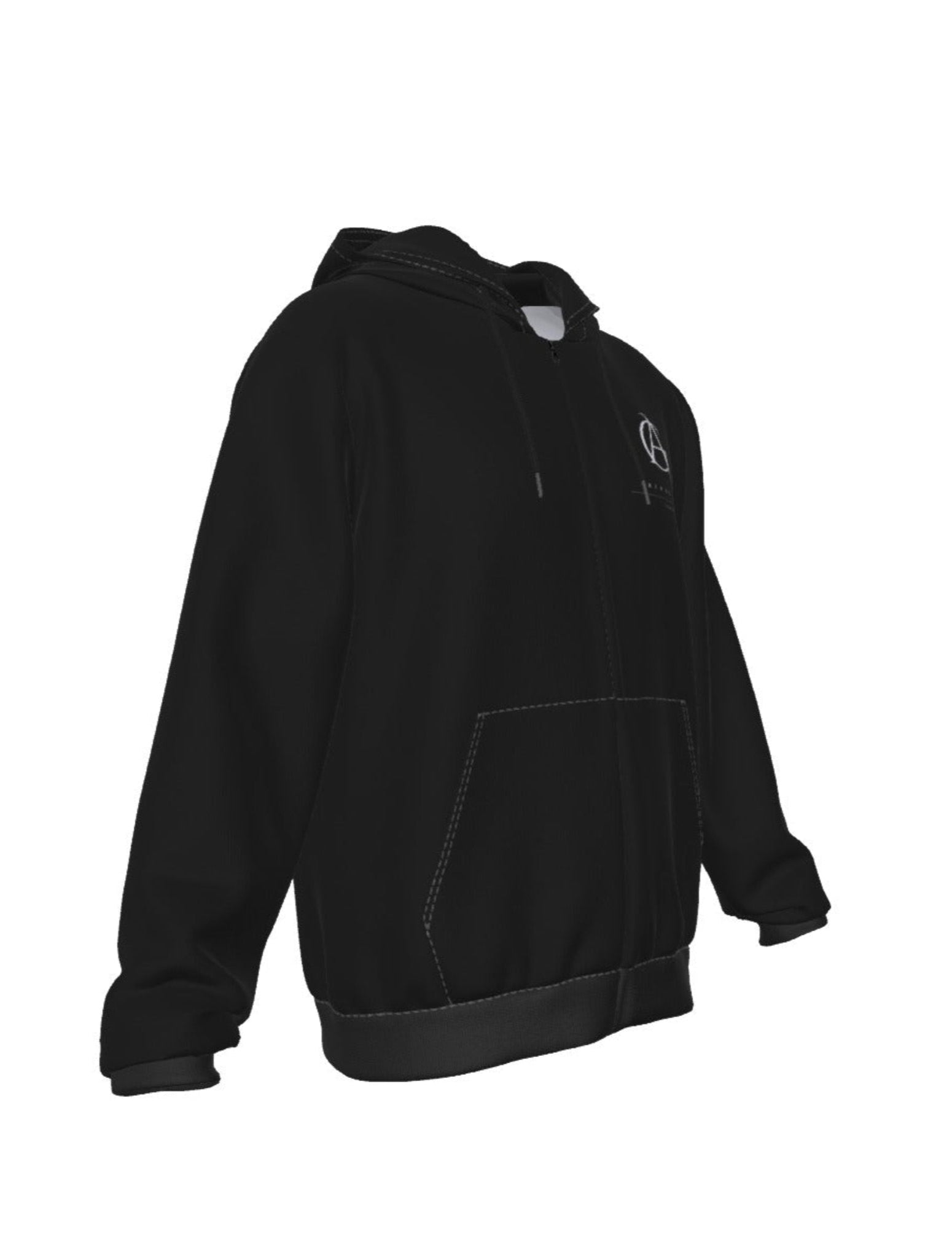 Black hoodie with a logo on the chest against a white background