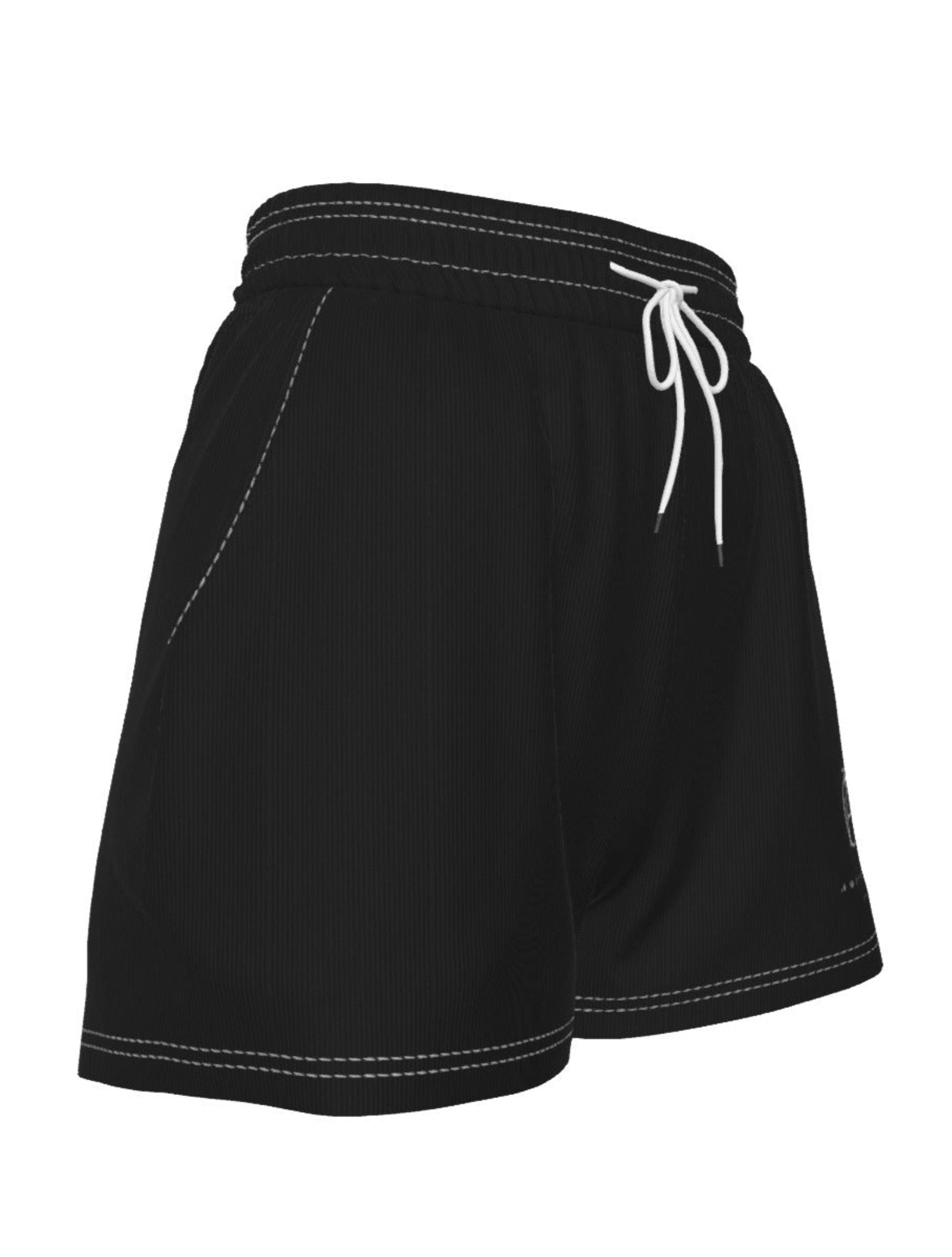 Black shorts with white stitching and drawstring on a white background