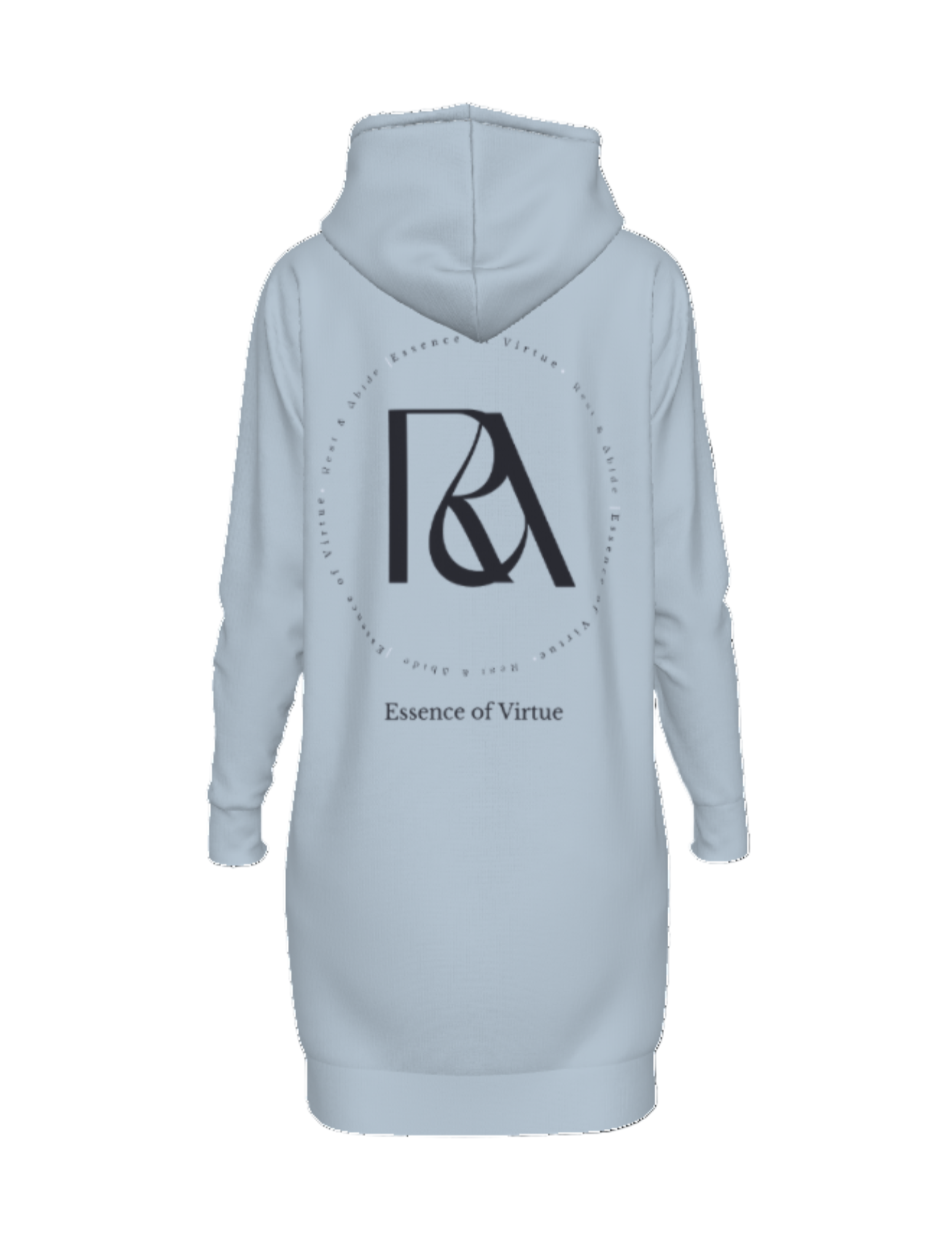 Light blue hoodie dress with a logo and text on the back against a white background