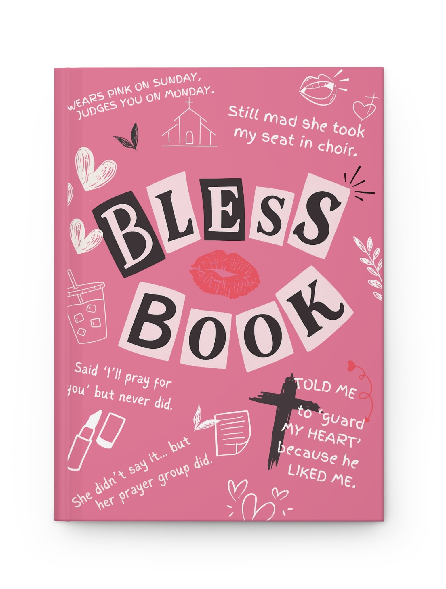 Pink book cover with text and graphics on a white background